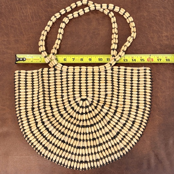 Rachel Ashwell Wooden Beaded Half Moon Tote Boho Coastal Bag Summer Neutral - Picture 6 of 8